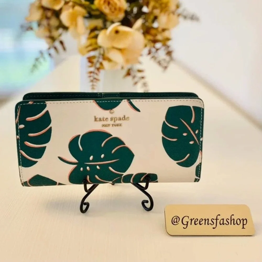 Kate Spade darcy monstera leaves large slim bifold wallet new - Picture 1 of 4